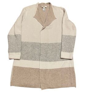 LOFT Striped Foldover Collar Longline Cardigan L Cream Tan Colorblock Open Front